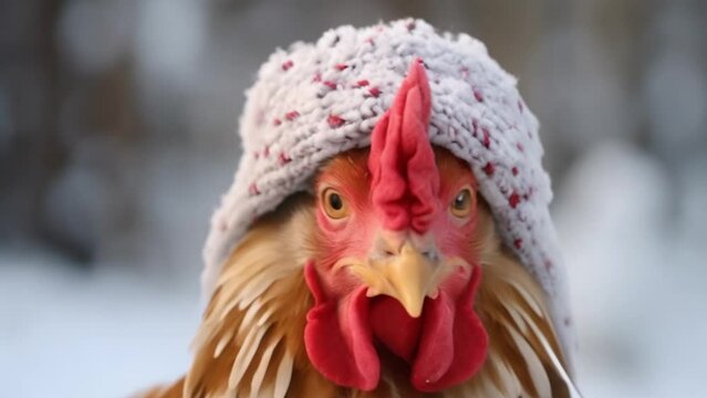 footage of a chicken wearing a snow hat