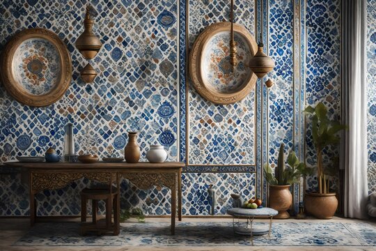 A well-composed image capturing the beauty of a Turkish wall mockup with a focus on traditional hand-painted ceramics, adding a unique and cultural touch to the room.