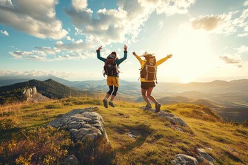 Hikers with backpack jumping with arms up on top of the mountain, Generative AI