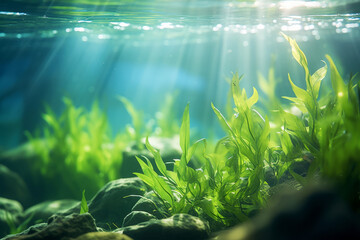 Fototapeta na wymiar Underwater serenity: Sunlight filtering through ocean aquatic plants