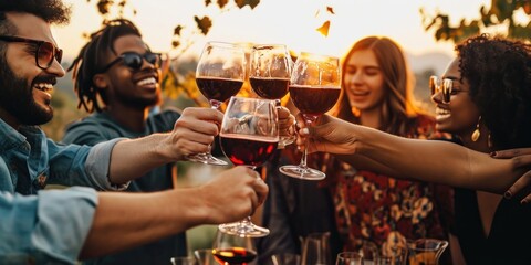 Young people toasting red wine glasses at farm house vineyard countryside - Happy friends enjoying happy hour at winery bar restaurant - Guys and girls having rooftop house party, Generative AI - obrazy, fototapety, plakaty