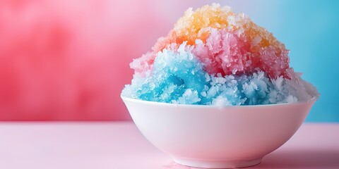 Colorful fruit flavored shaved ice summer treat on colorful background