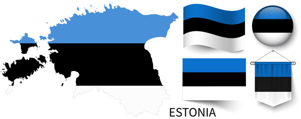 The various patterns of the Estonia national flags and the map of the Estonia borders