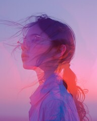 Artistic portrait of a woman in glasses with a colorful gradient overlay, looking thoughtful