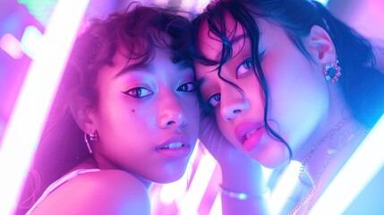 Close-up portrait of two women with colorful neon lighting, highlighting beauty and synergy