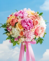 A colorful bouquet of fresh mixed flowers against a blue sky background with ribbons