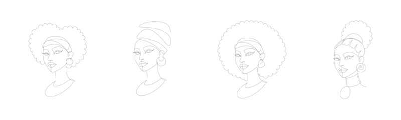 Beautiful African women with afro hairstyles and headscarves isolated on a white background. Black outline. Abstract female portrait in trendy line art drawing. Set of minimalist vector illustration - obrazy, fototapety, plakaty