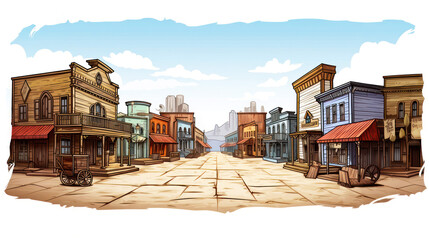 Vintage western town illustration with old buildings and a clear sky - obrazy, fototapety, plakaty