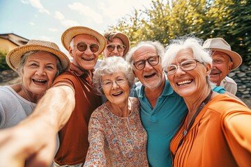 Happy group of senior people smiling at camera outdoors - Older friends taking selfie pic with smart mobile phone device - Life style concept with pensioners having fun together on summer,GenerativeAI - obrazy, fototapety, plakaty
