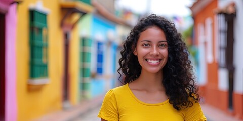 Friendly latina standing in barrio during the day. Colorful buildings in the background