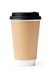 Paper coffee cup with black lid on a white background
