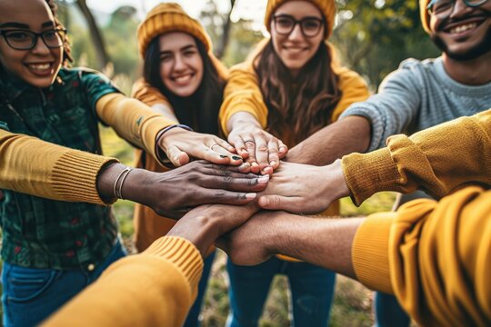 Multi Ethnic Young People Team Stacking Hands Together Outside. International University Students Support And Help Each Other. Friendship, Team Building, Human Relationship And Diversity,Generative AI