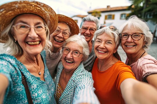 Happy group of senior people smiling at camera outdoors - Older friends taking selfie pic with smart mobile phone device - Life style concept with pensioners having fun together on summer,GenerativeAI