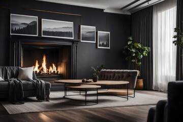 A cozy living room with a fireplace, where the wall mockup exhibits a series of black and white photographs in various sizes, capturing moments of everyday life.