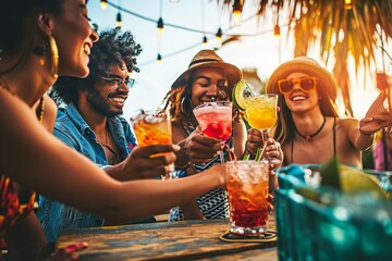 Multiracial happy friends toasting cocktail glasses outdoors at summer vacation - Smiling young people drinking alcohol together sitting at bar table - Beverage life style, Generative AI - obrazy, fototapety, plakaty