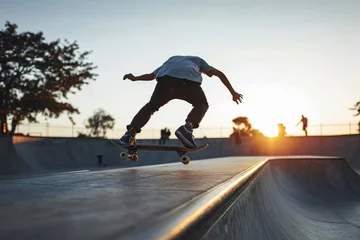 Foto op Plexiglas Skater doing kickflip on the ramp at skate park - Stylish skaterboy training outside - Extreme sport life style concept, Generative AI © Pixel Nirvana
