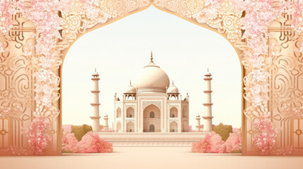 Ornate archway with view of taj mahal and blossoming cherry trees - obrazy, fototapety, plakaty