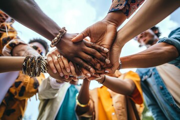 Multi ethnic group of young people holding hands outdoors - Community life style concept with guys and girls hugging together outside - Unity, support, Generative AI - obrazy, fototapety, plakaty