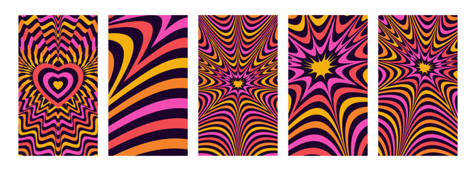 Set of hypnotic explosion tunnel story templates. Trendy groovy style bright anime manga comic explosive backgrounds. Mobile screen psychedelic 70s cartoon banners. Cute retro abstract y2k backdrops