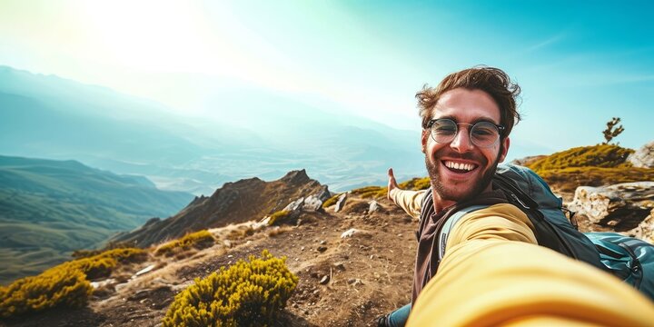 Young hiker man taking selfie portrait on the top of mountain - Happy guy smiling at camera - Tourism, sport life style and social media influencer, Generative AI