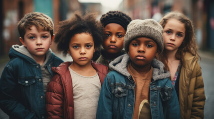 Diverse group of serious children standing together outdoors - obrazy, fototapety, plakaty
