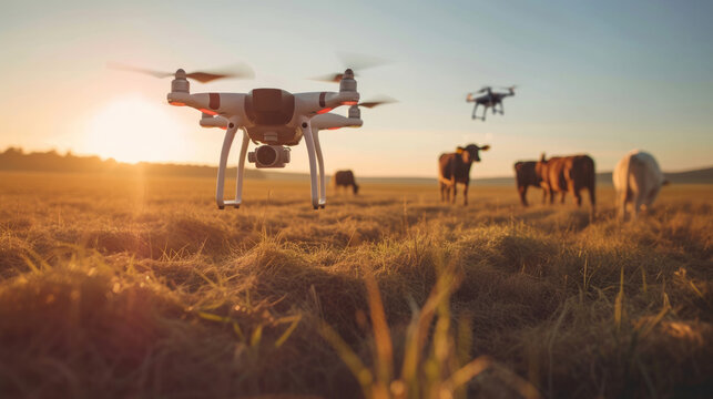 Farmer with drone inspects cows at a dairy farm. Herd management concept. Smart farming concept. Future Farming Technology. Digital Farm Management. AI-powered Farming Systems.