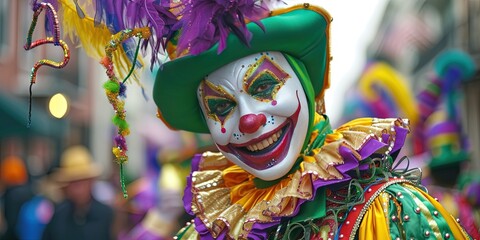 Mardi Gras jester with traditional purple, green, and gold