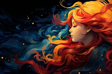 portrait of a girl with abstract colors in her hair on a dark background, side view