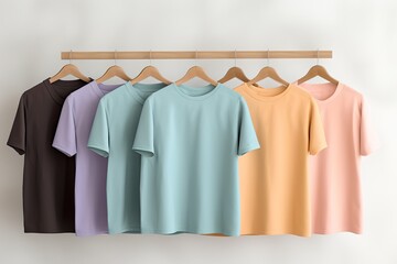 Rack with clean Pastel colored plain t shirts hang on hanger