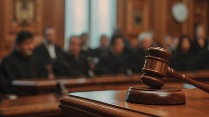 close-up photograph of a judge's gavel, foregrounded against the soft, out-of-focus silhouettes of people seated in a courtroom - obrazy, fototapety, plakaty