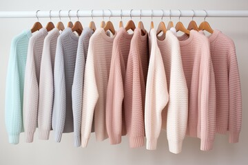 Knitted warm cardigans hang on hangers