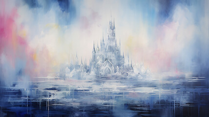 fairy tale princess castle, art work painting in impressionism style, light background white and blue shade design, background copy space - obrazy, fototapety, plakaty