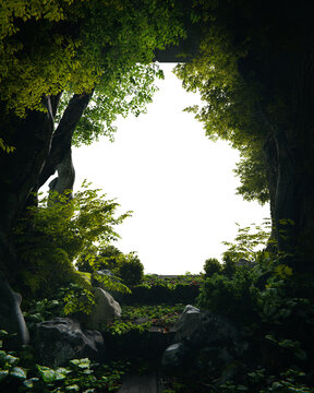 Overgrown abandoned building entrance portal frame. 3d rendering of abstract exterior architecture.