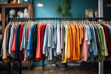 Clothes hang on a rack in a boutique, Rack of clothes in a clothing store