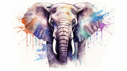 Glasschilderij Olifant elephant watercolor portrait, multicolored paints on a white background