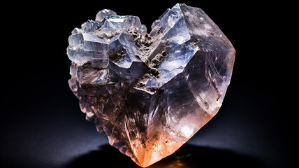 heart, crystal stone heart, natural gemstone symbol of love on a black background, druse of rock crystal - obrazy, fototapety, plakaty