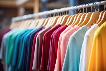 Fotobehang Rack with Colorful plain tshirts hang on clothes hanger in closet © Iryna