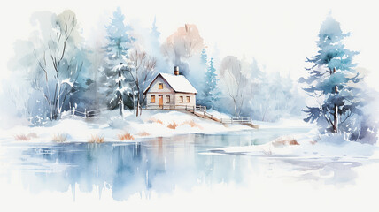 winter landscape, watercolor illustration of a small house in nature, isolated on a white background