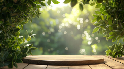 Empty wooden table with a backdrop of lush green foliage and soft-focus sunlight, conveying a natural and tranquil setting