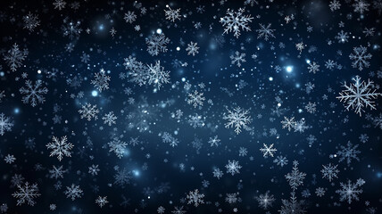 winter background, snowflakes on dark blue background, snowfall, falling snowflakes abstract Christmas backdrop - 729078393