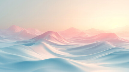 Serenely pastel computer-generated landscape depicting undulating hills and peaks under a soft gradient sky, suitable for peaceful or inspirational themes