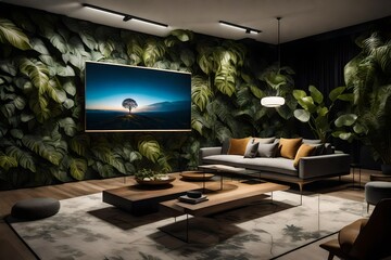 A fusion of nature and modern design in a living room, with a wall mockup displaying botanical-inspired artwork.