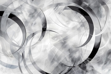 Abstract black and white digital artwork with dynamic translucent overlapping circles on a grunge textured background