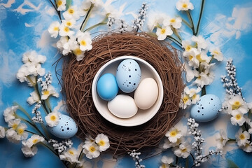 Blue and white Easter eggs in nest with flowers