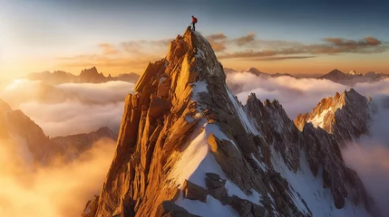Foto op Plexiglas Solo climber conquers rugged peak, scaling barren heights with determination. Majestic mountain backdrop amplifies the triumph of the human spirit. © hmzphotostory