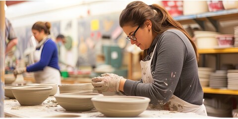 Pottery class creating clay and ceramic pots and vases for creative crafting experience with teacher and student