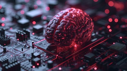 Human brain with computer chip installed in it. - obrazy, fototapety, plakaty