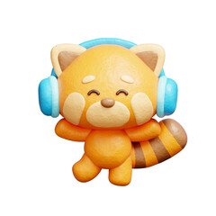 3D cute red panda listening to music with headphones, Cartoon animal character, 3D rendering.