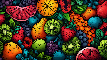Vibrant and colorful illustration of various stylized fruits packed closely together, ideal for a healthy eating concept or summer-related designs