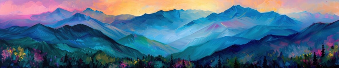 Colorful and vibrant mountain range. Panoramic landscape image - obrazy, fototapety, plakaty